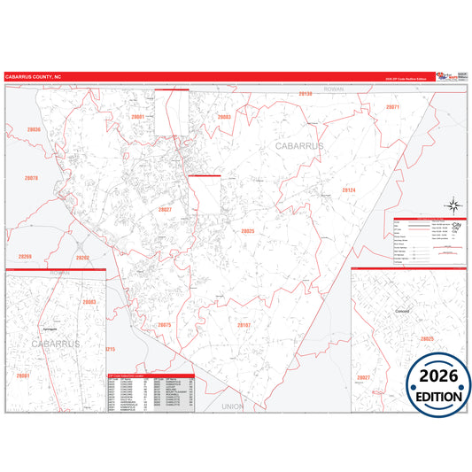 Cabarrus County, NC Red Line 5 Digit ZIP Code Wall Map