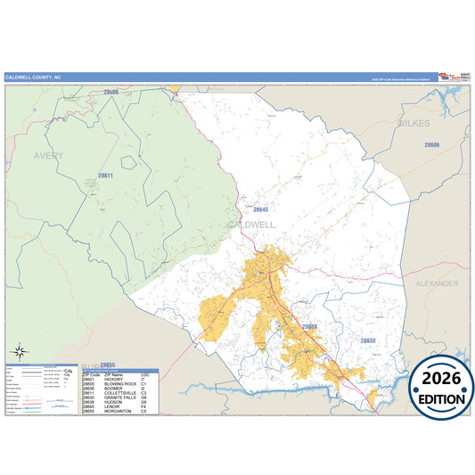 Caldwell County, NC Business Reference 5 Digit ZIP Code Wall Map