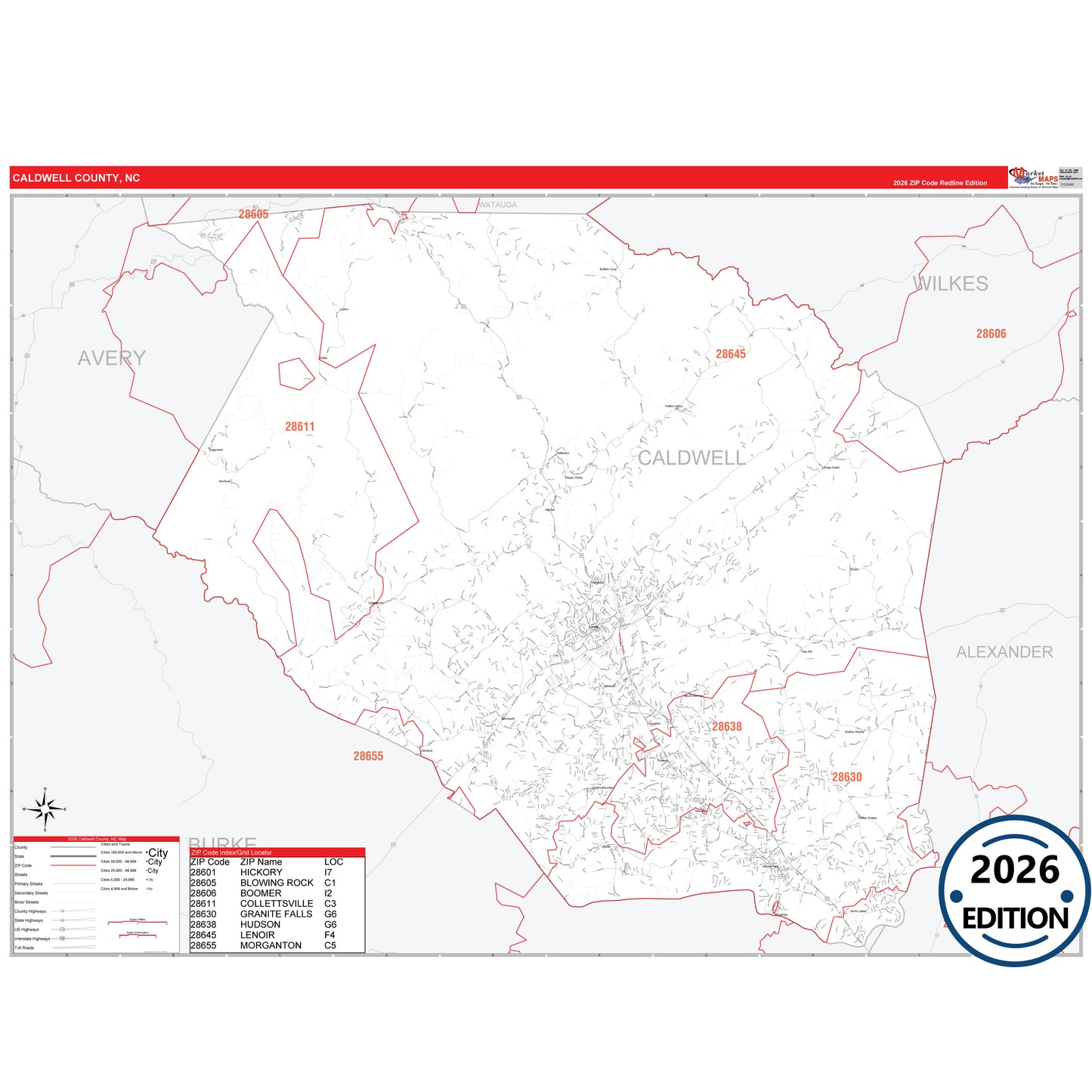 Caldwell County, NC Red Line 5 Digit ZIP Code Wall Map