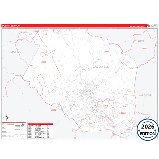 Caldwell County, NC Red Line 5 Digit ZIP Code Wall Map