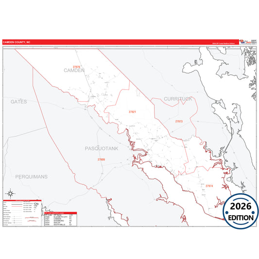 Camden County, NC Red Line 5 Digit ZIP Code Wall Map