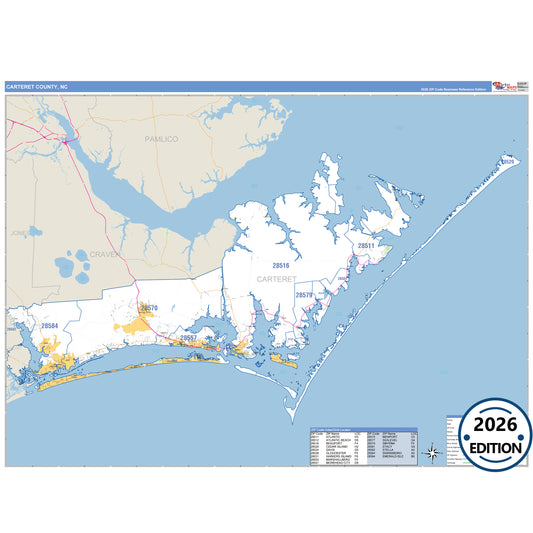 Carteret County, NC Business Reference 5 Digit ZIP Code Wall Map