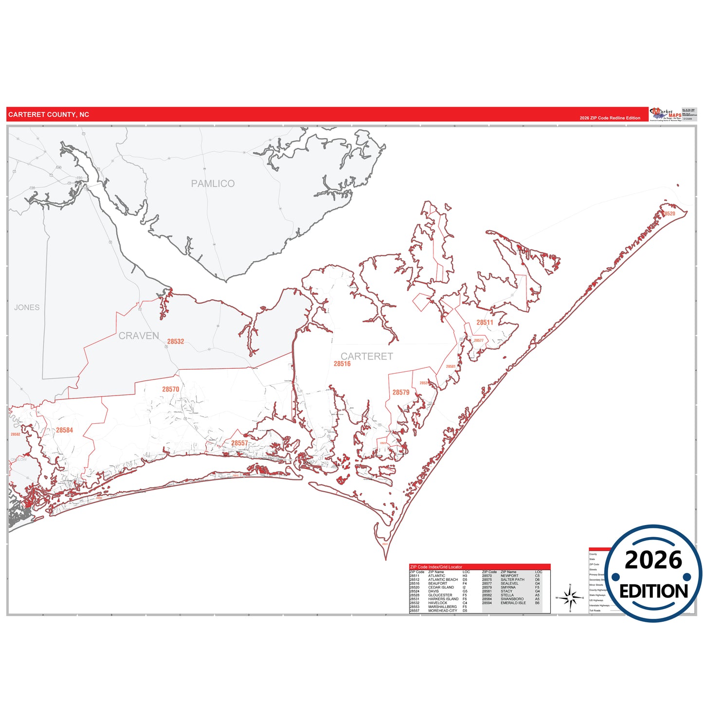 Carteret County, NC Red Line 5 Digit ZIP Code Wall Map