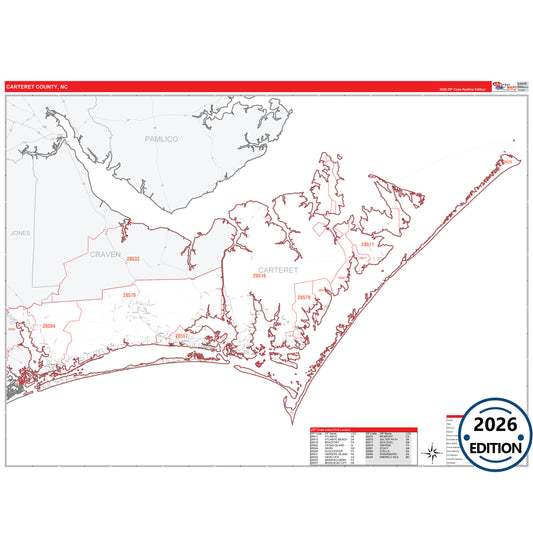 Carteret County, NC Red Line 5 Digit ZIP Code Wall Map