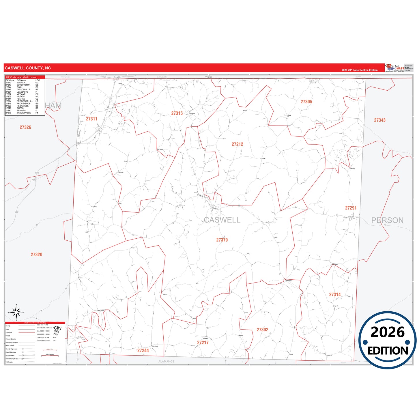 Caswell County, NC Red Line 5 Digit ZIP Code Wall Map