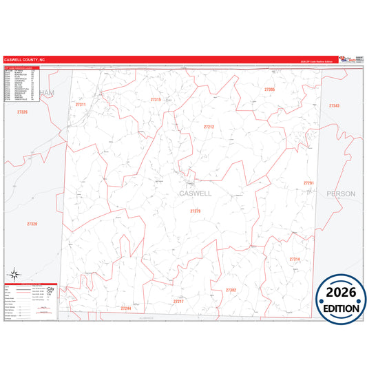 Caswell County, NC Red Line 5 Digit ZIP Code Wall Map