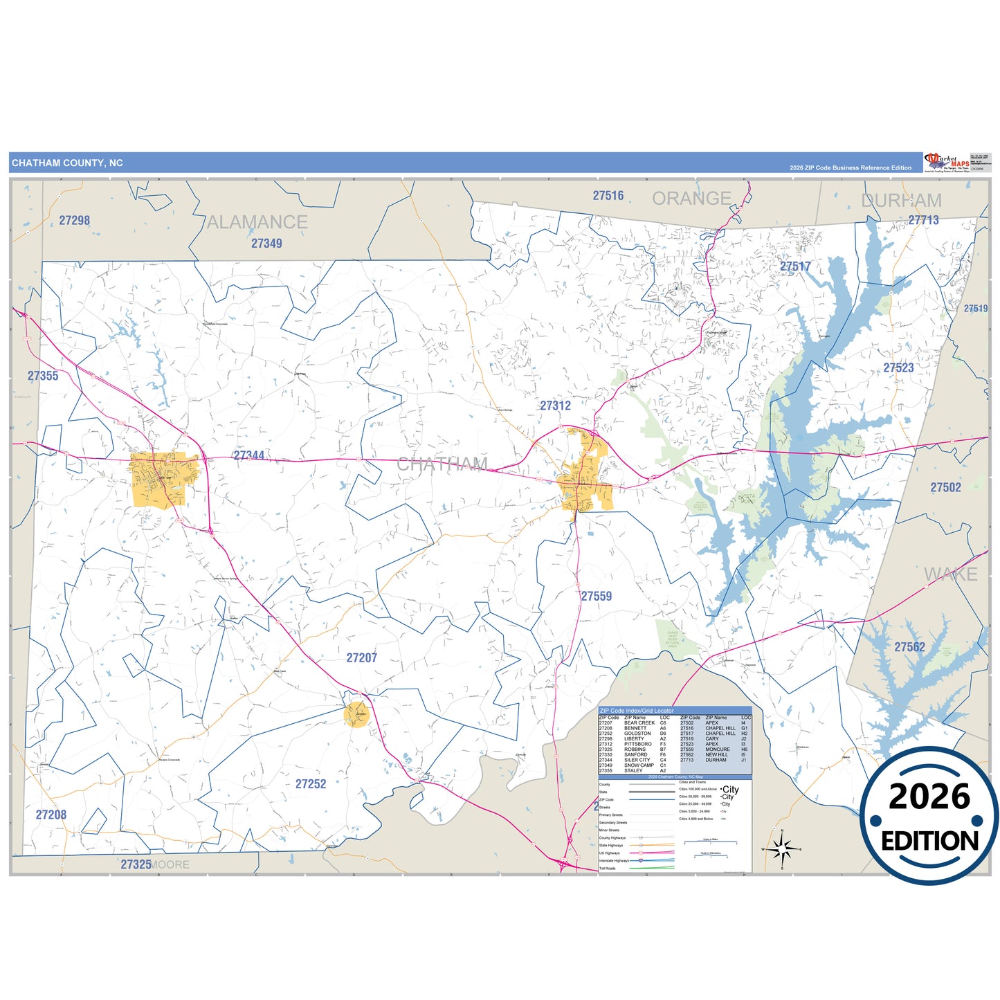 Chatham County, NC Business Reference 5 Digit ZIP Code Wall Map