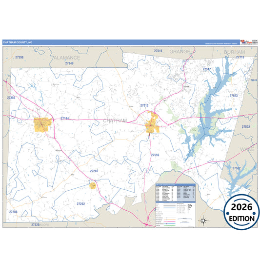 Chatham County, NC Business Reference 5 Digit ZIP Code Wall Map