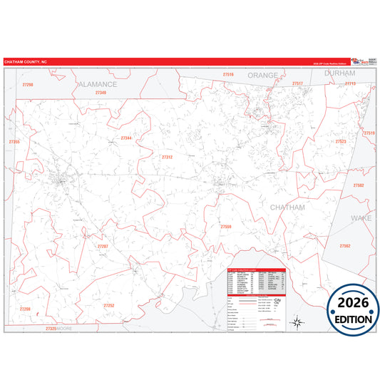 Chatham County, NC Red Line 5 Digit ZIP Code Wall Map