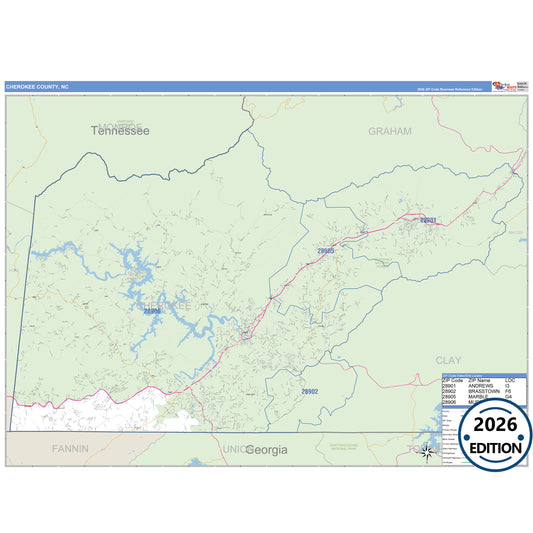 Cherokee County, NC Business Reference 5 Digit ZIP Code Wall Map