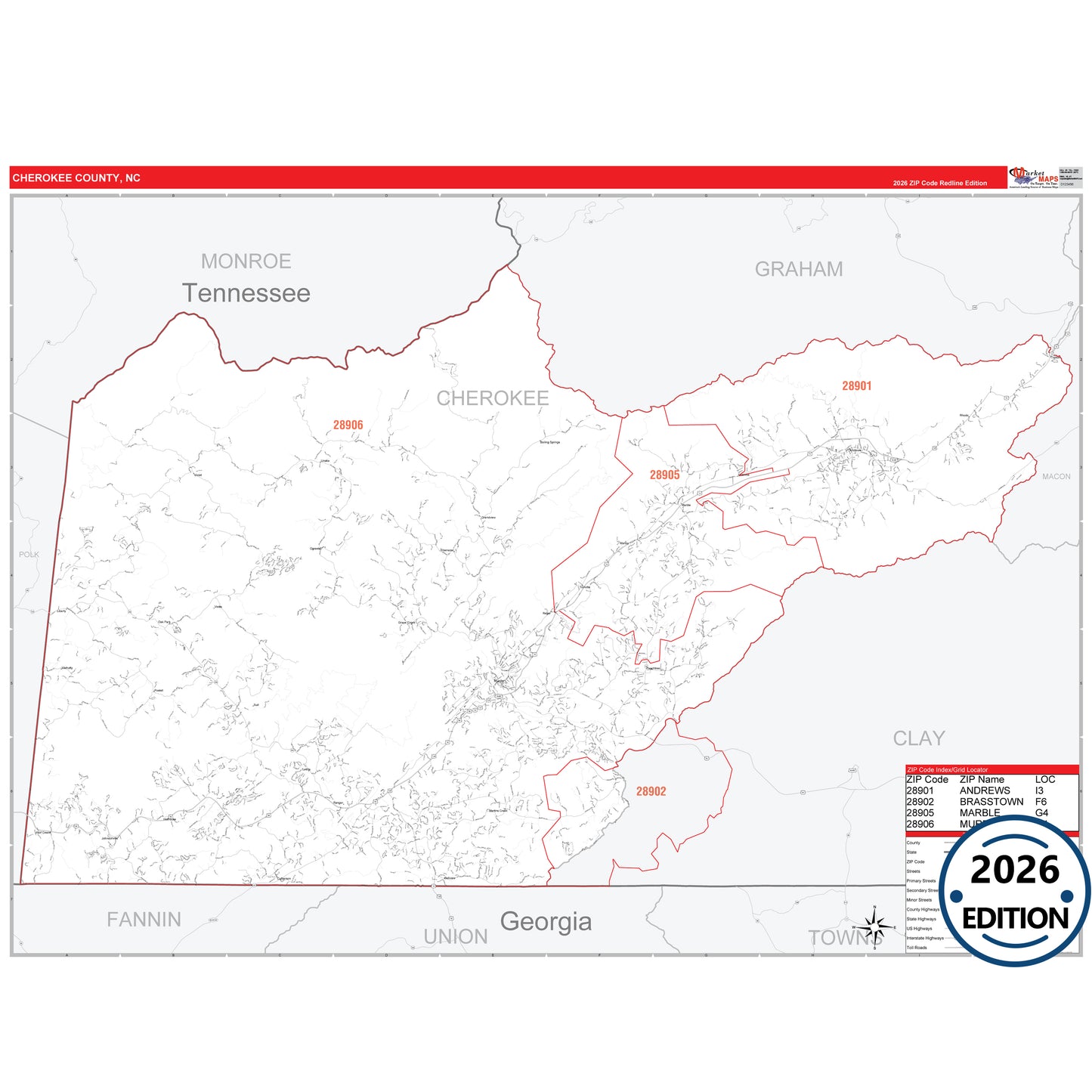 Cherokee County, NC Red Line 5 Digit ZIP Code Wall Map