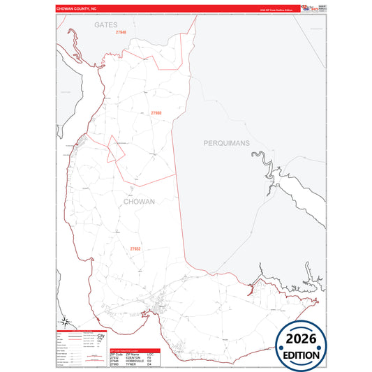 Chowan County, NC Red Line 5 Digit ZIP Code Wall Map