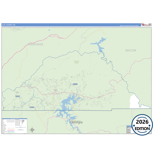 Clay County, NC Business Reference 5 Digit ZIP Code Wall Map