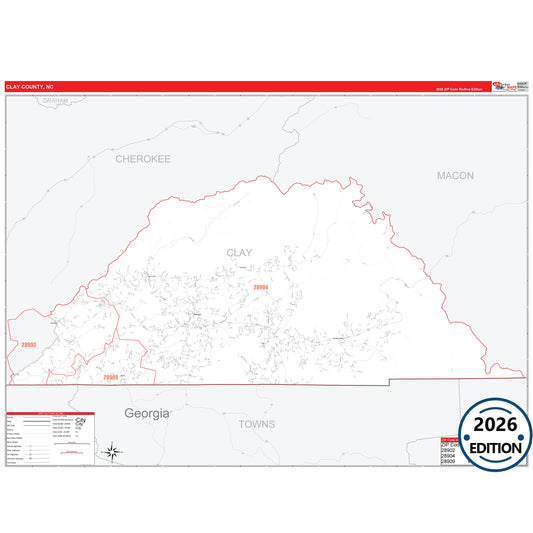 Clay County, NC Red Line 5 Digit ZIP Code Wall Map