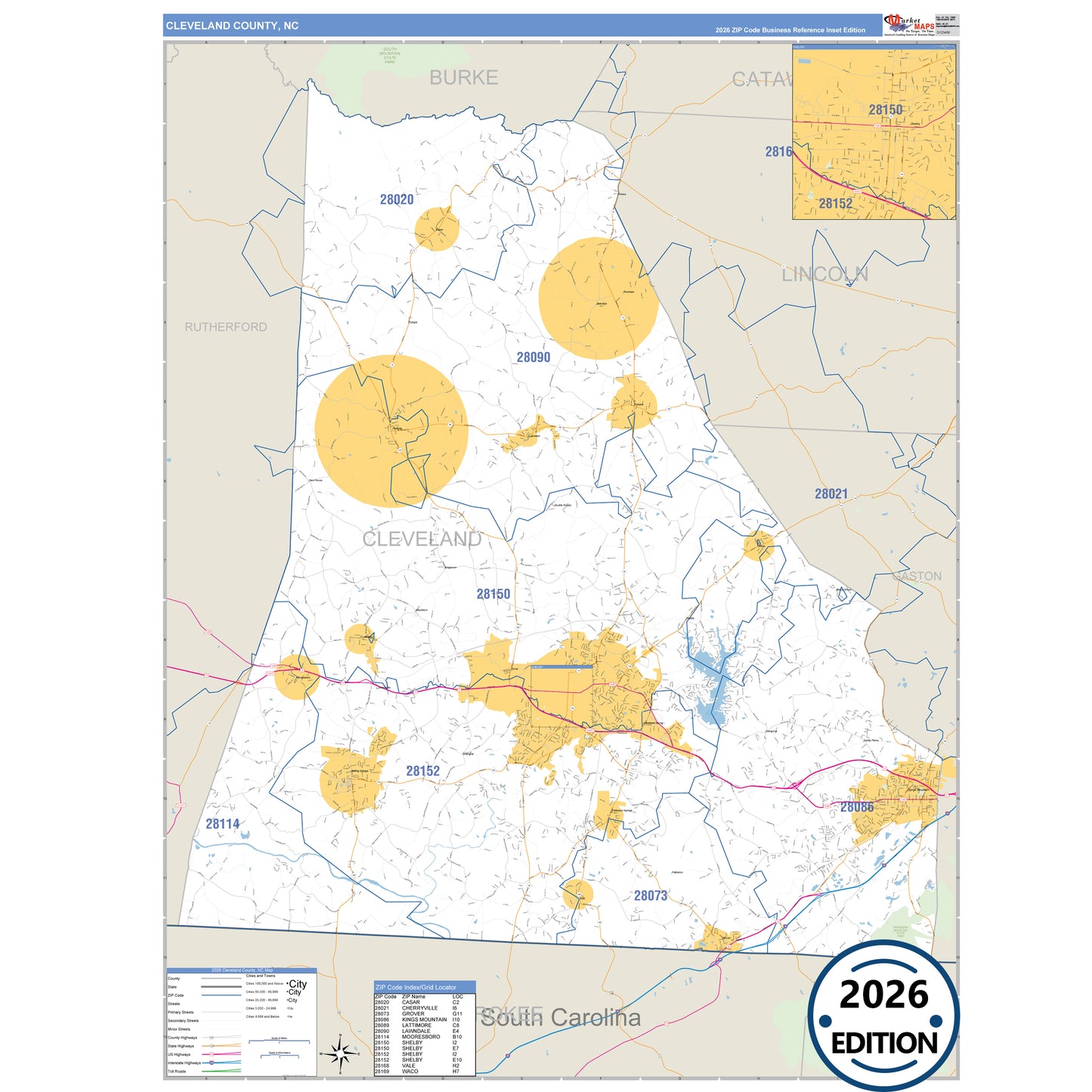 Cleveland County, NC Business Reference 5 Digit ZIP Code Wall Map