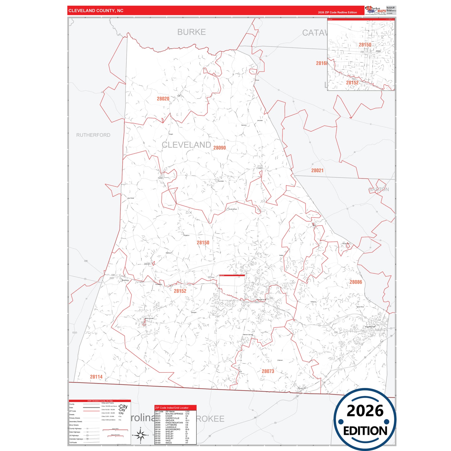 Cleveland County, NC Red Line 5 Digit ZIP Code Wall Map