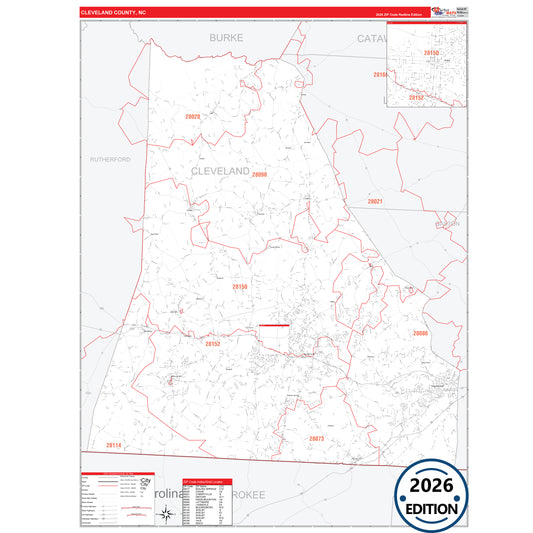 Cleveland County, NC Red Line 5 Digit ZIP Code Wall Map