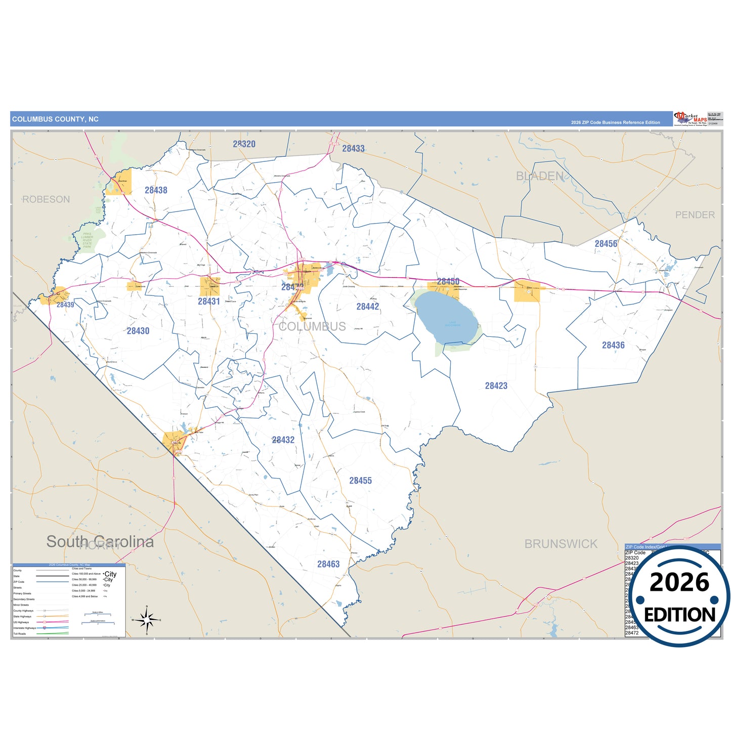 Columbus County, NC Business Reference 5 Digit ZIP Code Wall Map