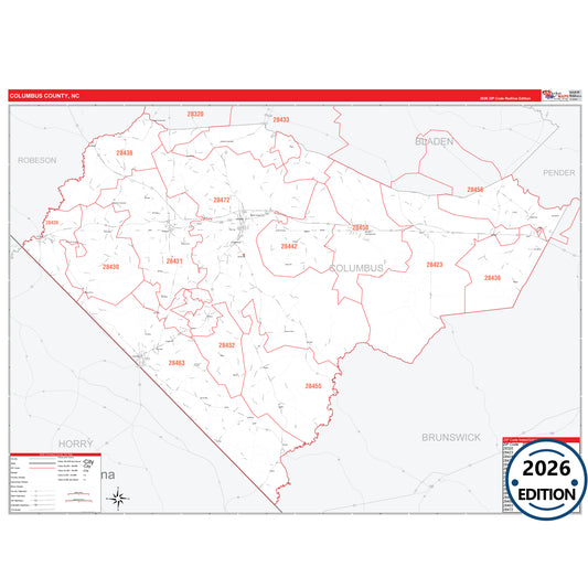 Columbus County, NC Red Line 5 Digit ZIP Code Wall Map