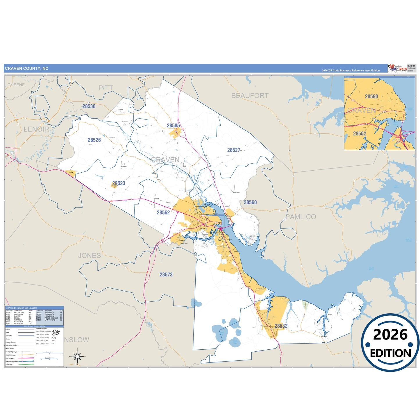 Craven County, NC Business Reference 5 Digit ZIP Code Wall Map