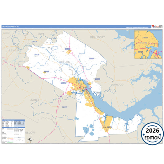 Craven County, NC Business Reference 5 Digit ZIP Code Wall Map