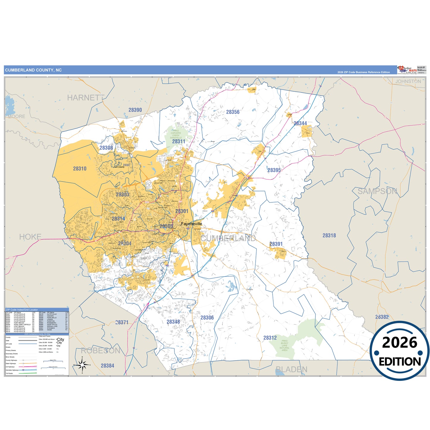 Cumberland County, NC Business Reference 5 Digit ZIP Code Wall Map