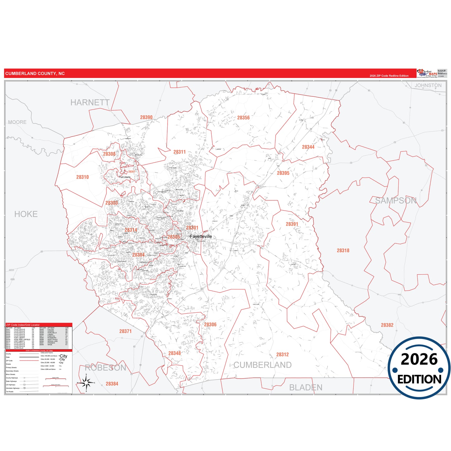 Cumberland County, NC Red Line 5 Digit ZIP Code Wall Map