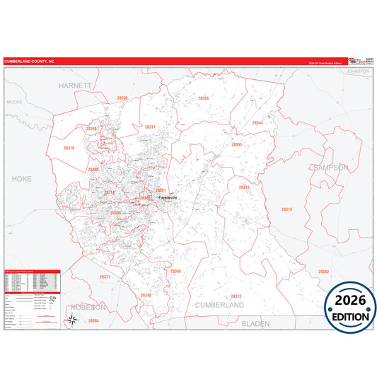 Cumberland County, NC Red Line 5 Digit ZIP Code Wall Map