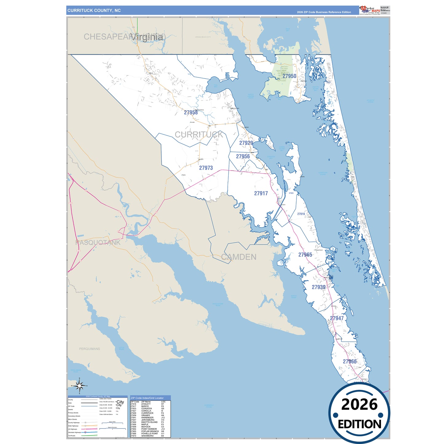 Currituck County, NC Business Reference 5 Digit ZIP Code Wall Map