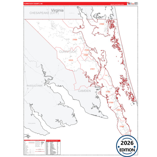 Currituck County, NC Red Line 5 Digit ZIP Code Wall Map