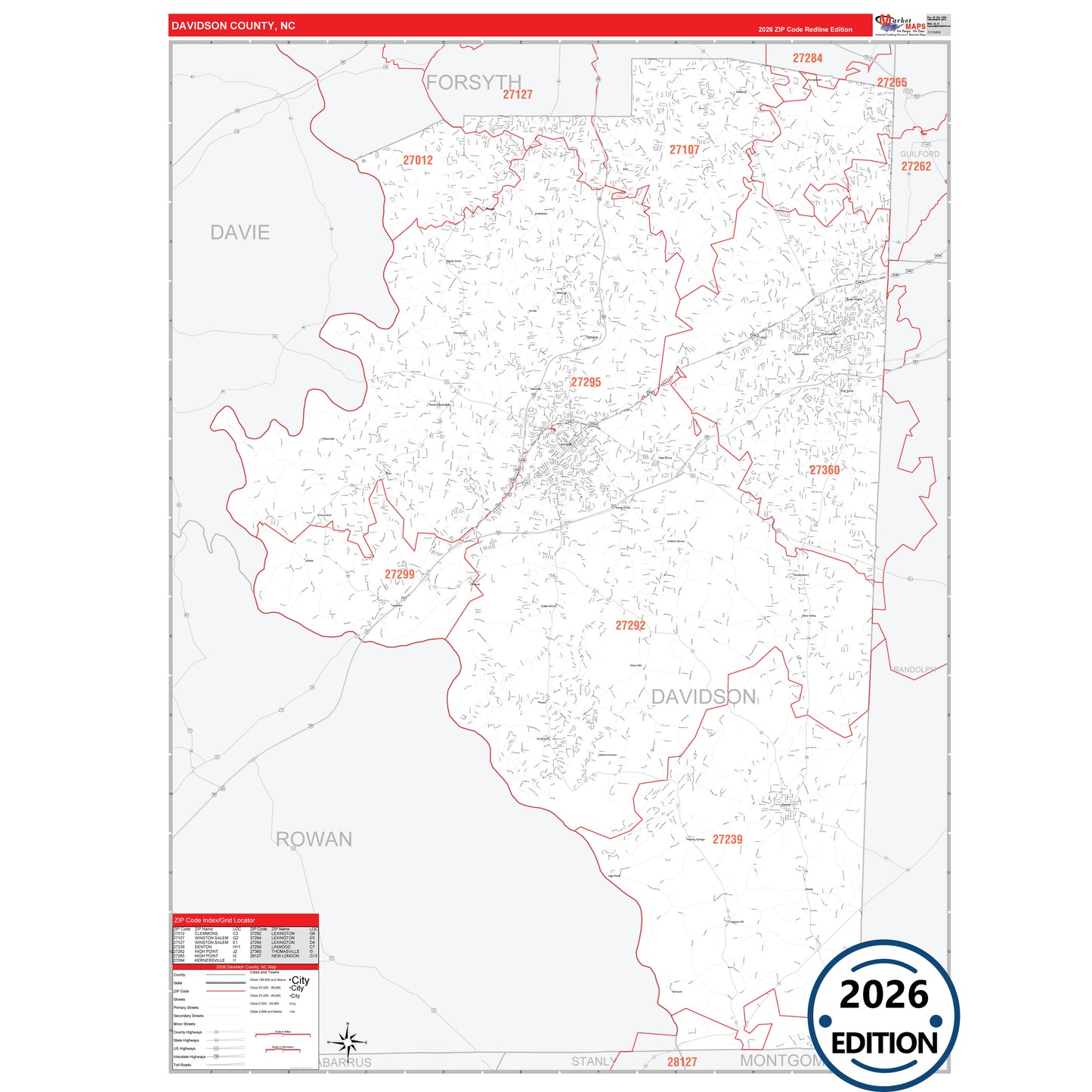 Davidson County, NC Red Line 5 Digit ZIP Code Wall Map