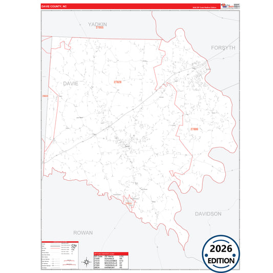 Davie County, NC Red Line 5 Digit ZIP Code Wall Map