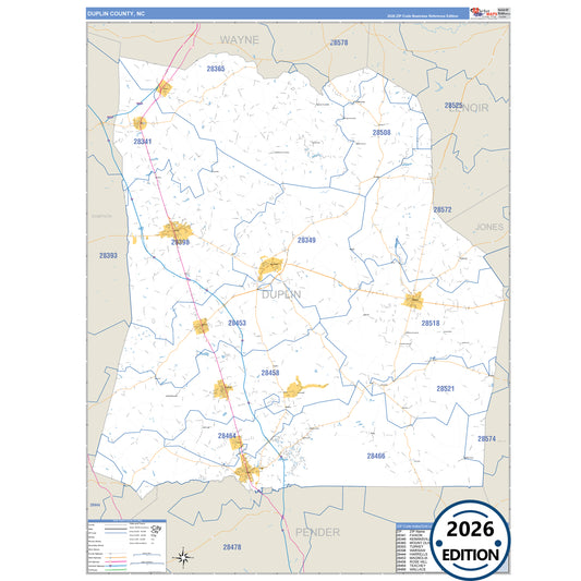 Duplin County, NC Business Reference 5 Digit ZIP Code Wall Map