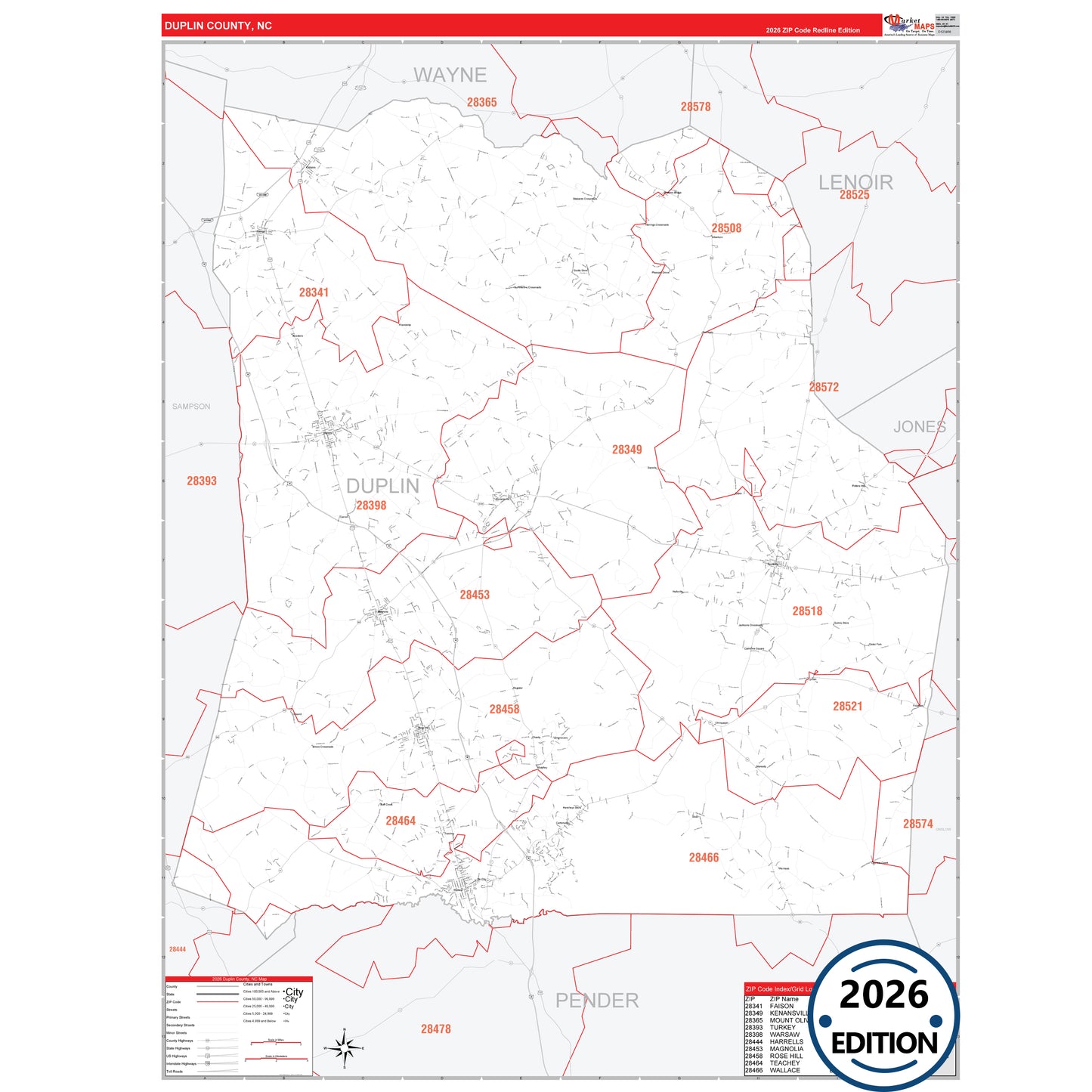 Duplin County, NC Red Line 5 Digit ZIP Code Wall Map