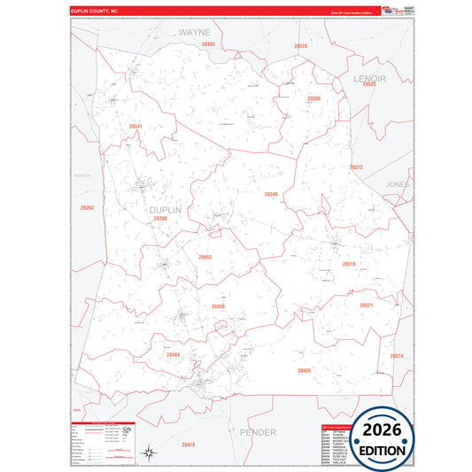 Duplin County, NC Red Line 5 Digit ZIP Code Wall Map