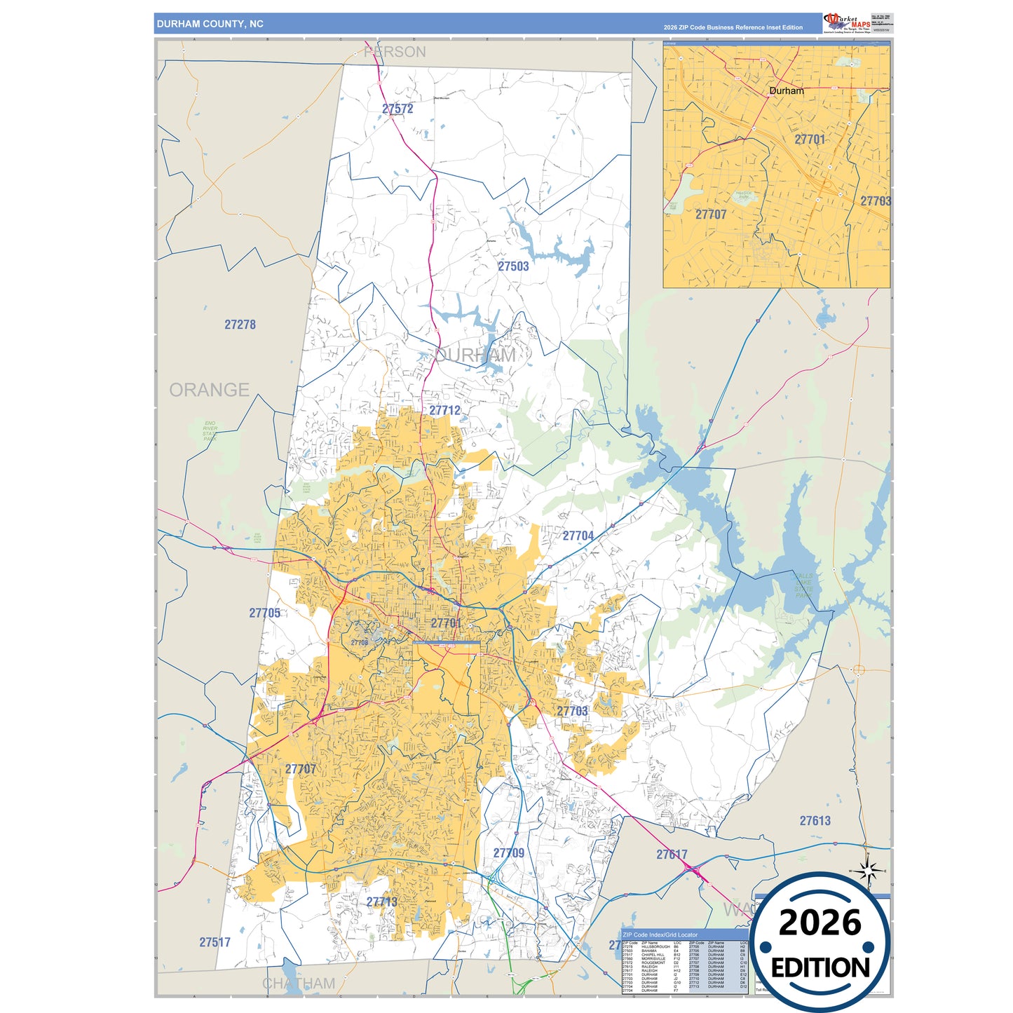 Durham County, NC Business Reference 5 Digit ZIP Code Wall Map