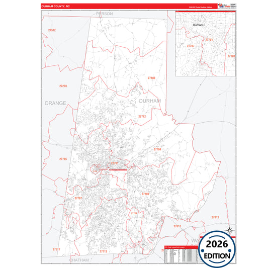 Durham County, NC Red Line 5 Digit ZIP Code Wall Map