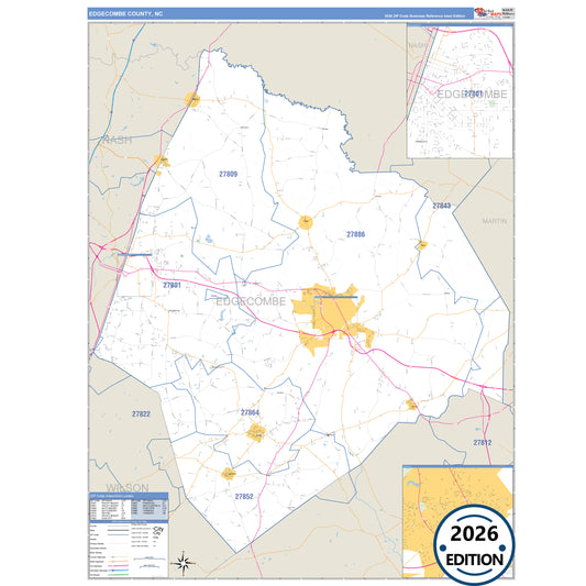 Edgecombe County, NC Business Reference 5 Digit ZIP Code Wall Map