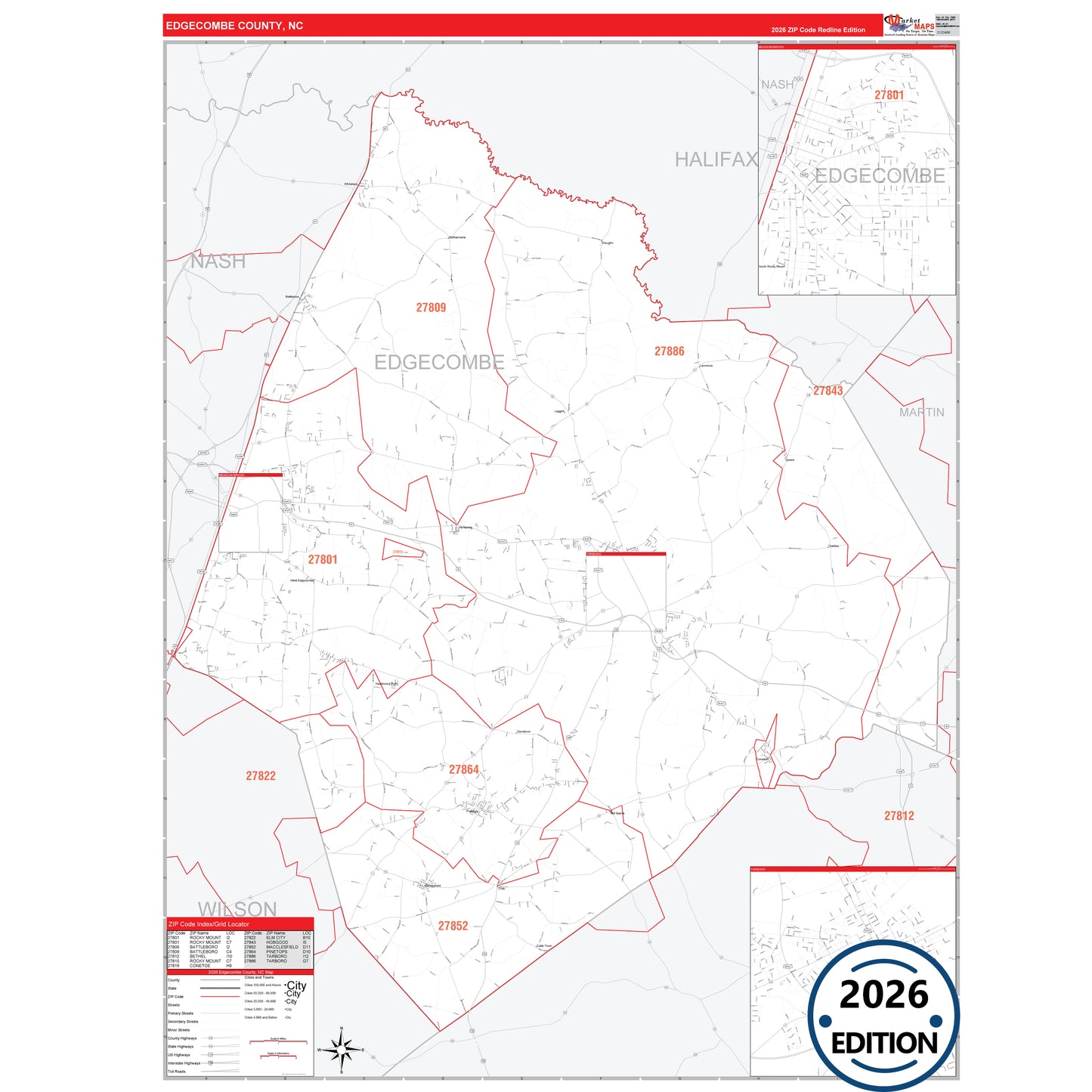 Edgecombe County, NC Red Line 5 Digit ZIP Code Wall Map