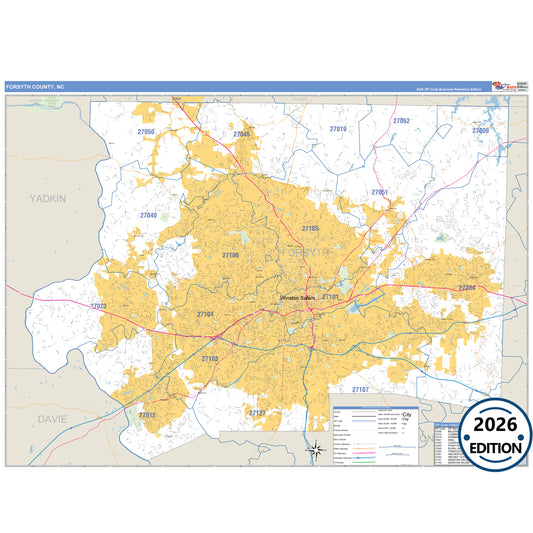 Forsyth County, NC Business Reference 5 Digit ZIP Code Wall Map