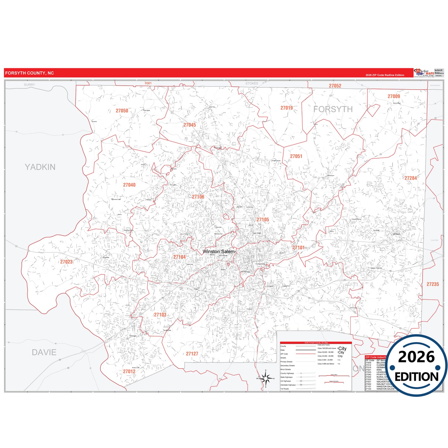 Forsyth County, NC Red Line 5 Digit ZIP Code Wall Map