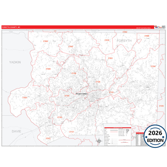 Forsyth County, NC Red Line 5 Digit ZIP Code Wall Map