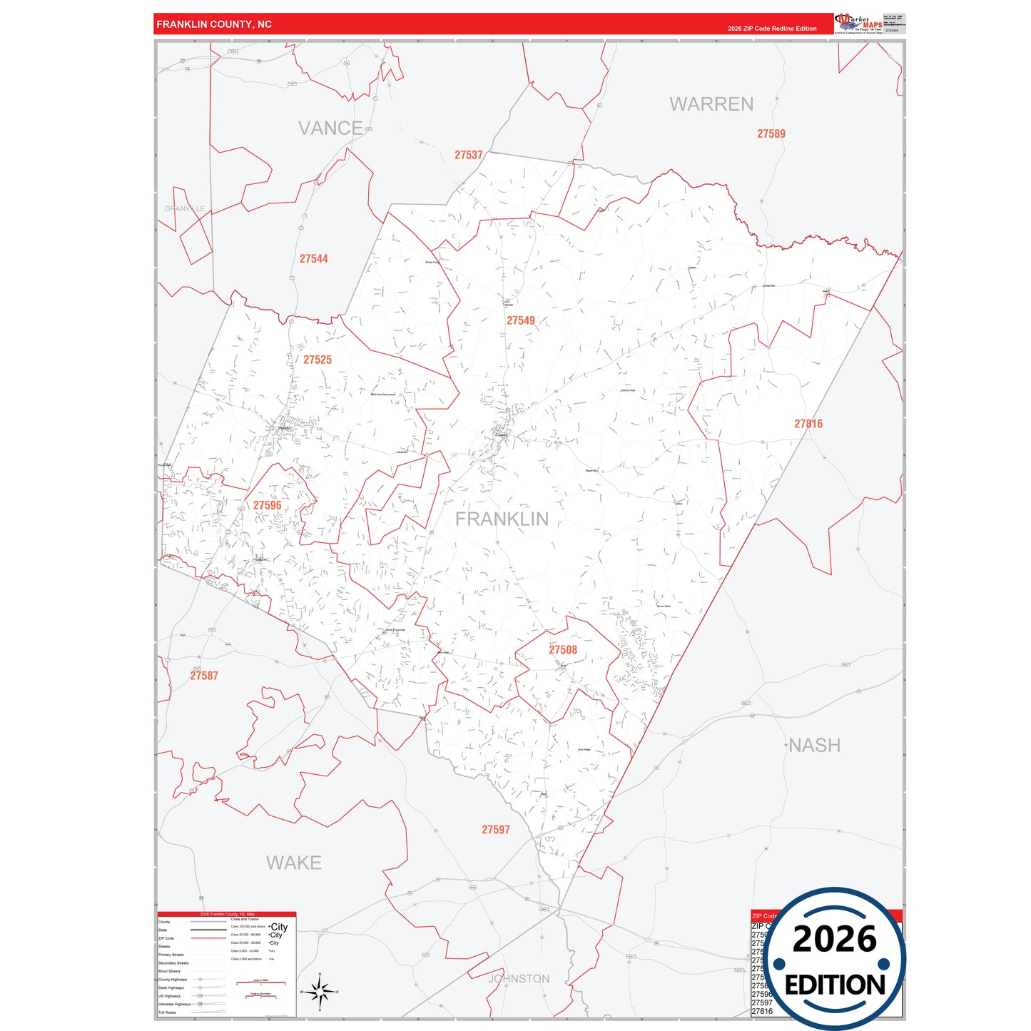 Franklin County, NC Red Line 5 Digit ZIP Code Wall Map