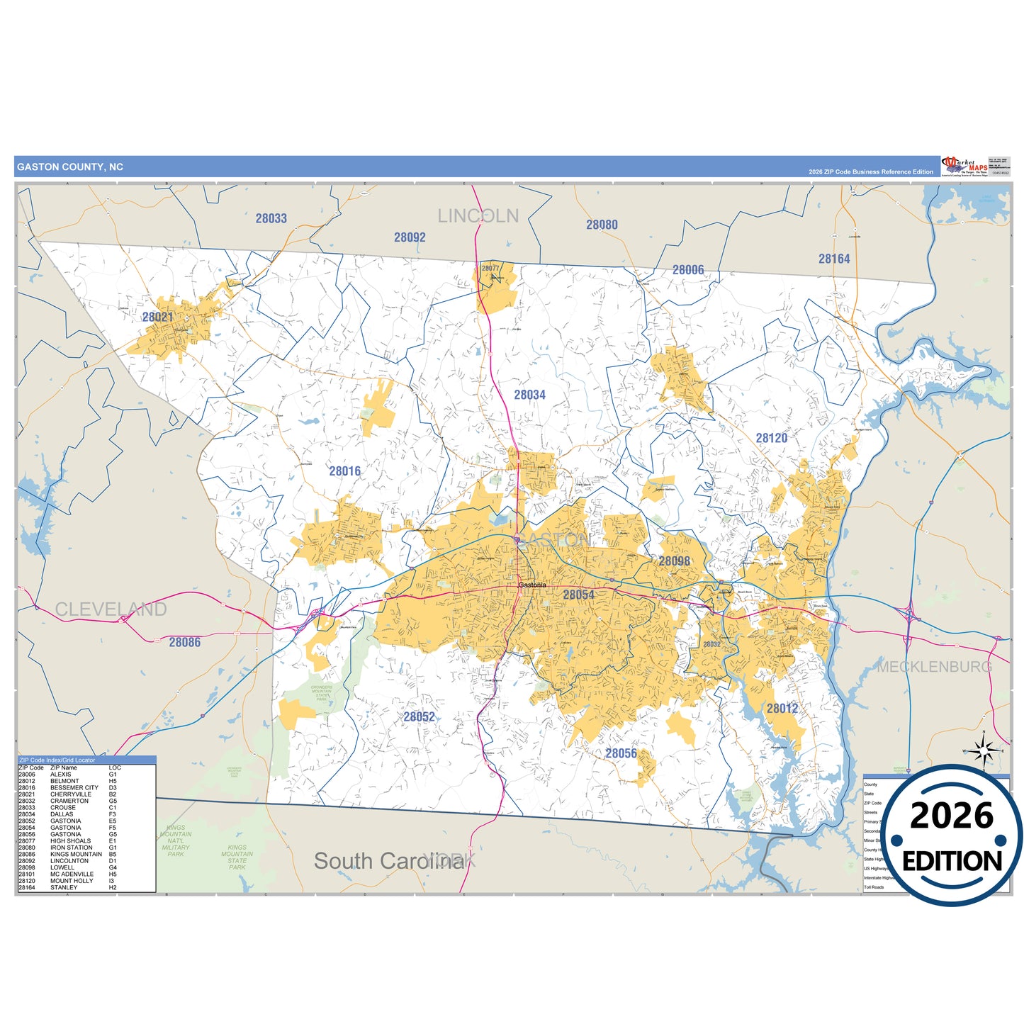 Gaston County, NC Business Reference 5 Digit ZIP Code Wall Map