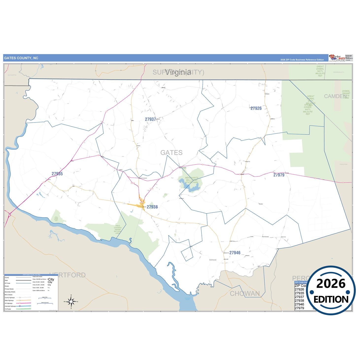 Gates County, NC Business Reference 5 Digit ZIP Code Wall Map