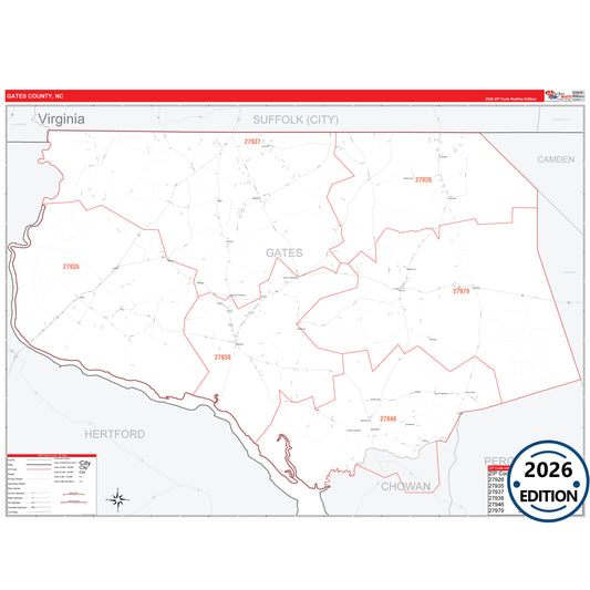 Gates County, NC Red Line 5 Digit ZIP Code Wall Map