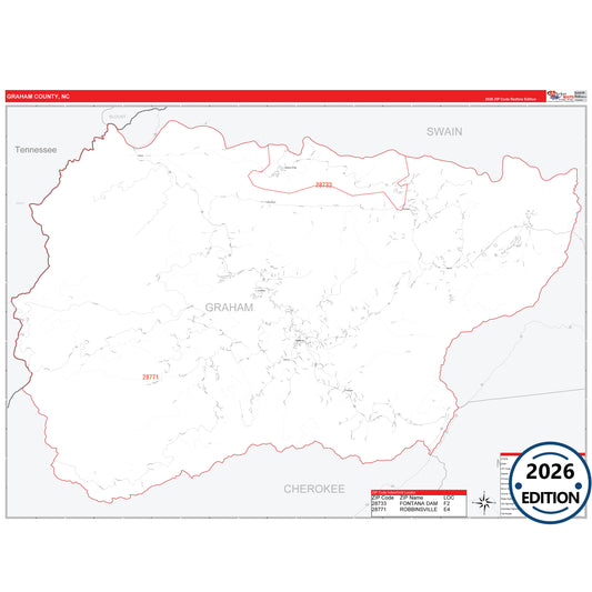 Graham County, NC Red Line 5 Digit ZIP Code Wall Map