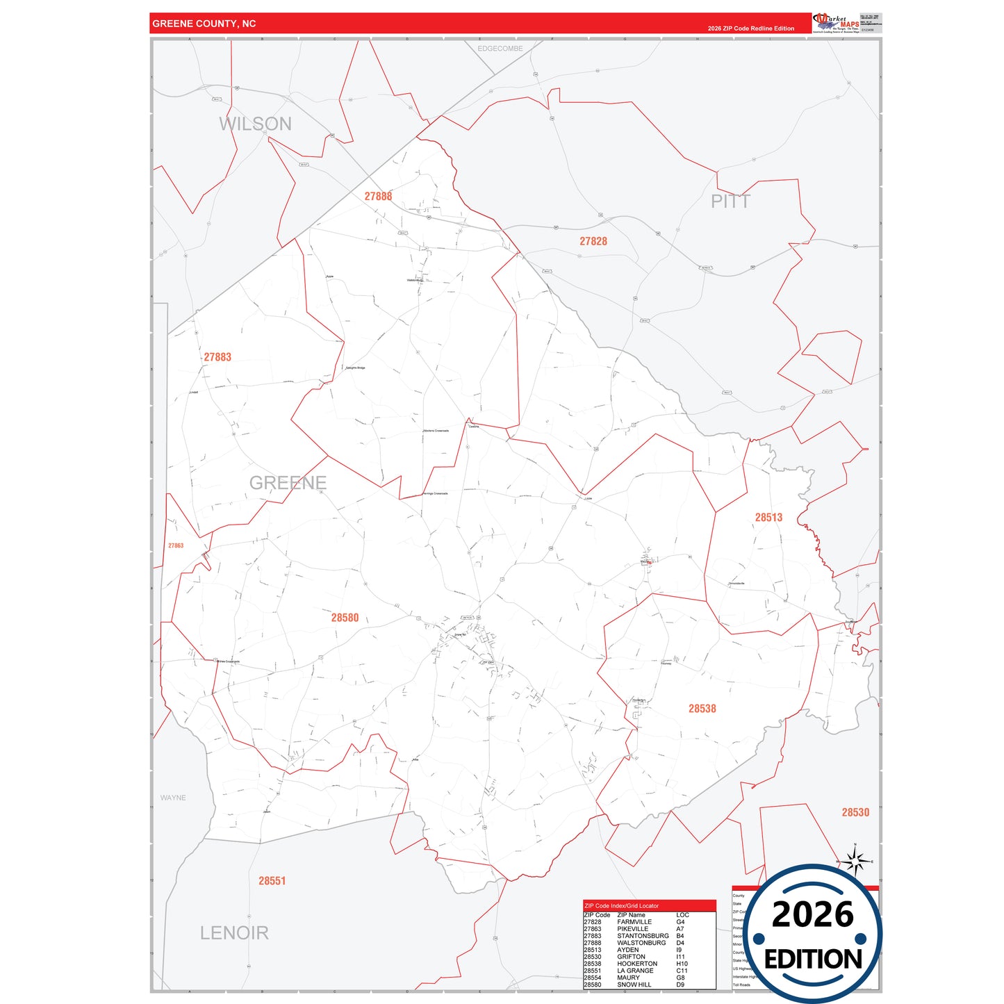Greene County, NC Red Line 5 Digit ZIP Code Wall Map