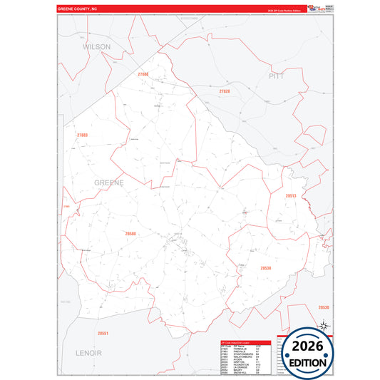 Greene County, NC Red Line 5 Digit ZIP Code Wall Map