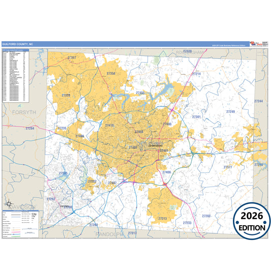 Guilford County, NC Business Reference 5 Digit ZIP Code Wall Map